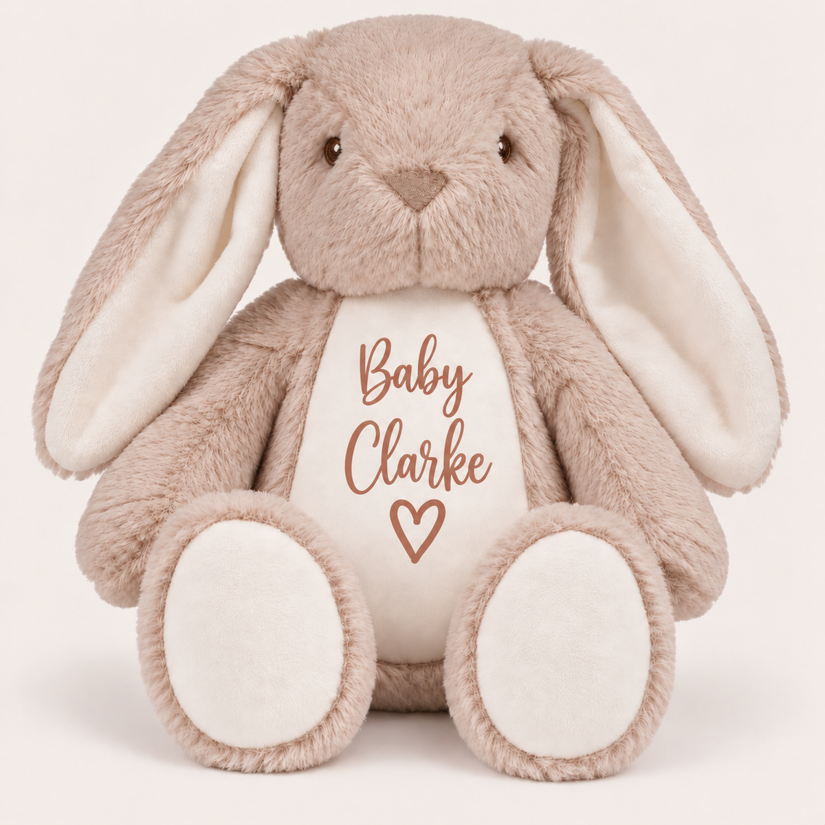 Light brown personalised mini bunny teddy with “Baby” name design and a heart on the tummy, Grace & Grayson