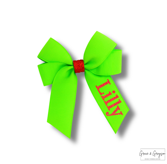 Lime Green And Red Glitter 4" Hair Bow Clip
