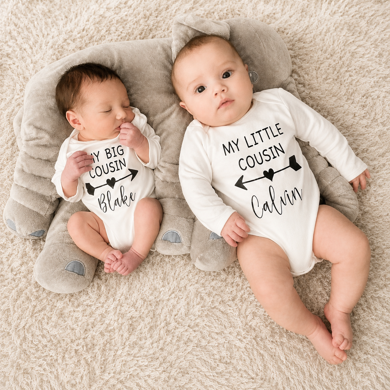 Matching big and little cousin baby vests personalised with names – Grace & Grayson