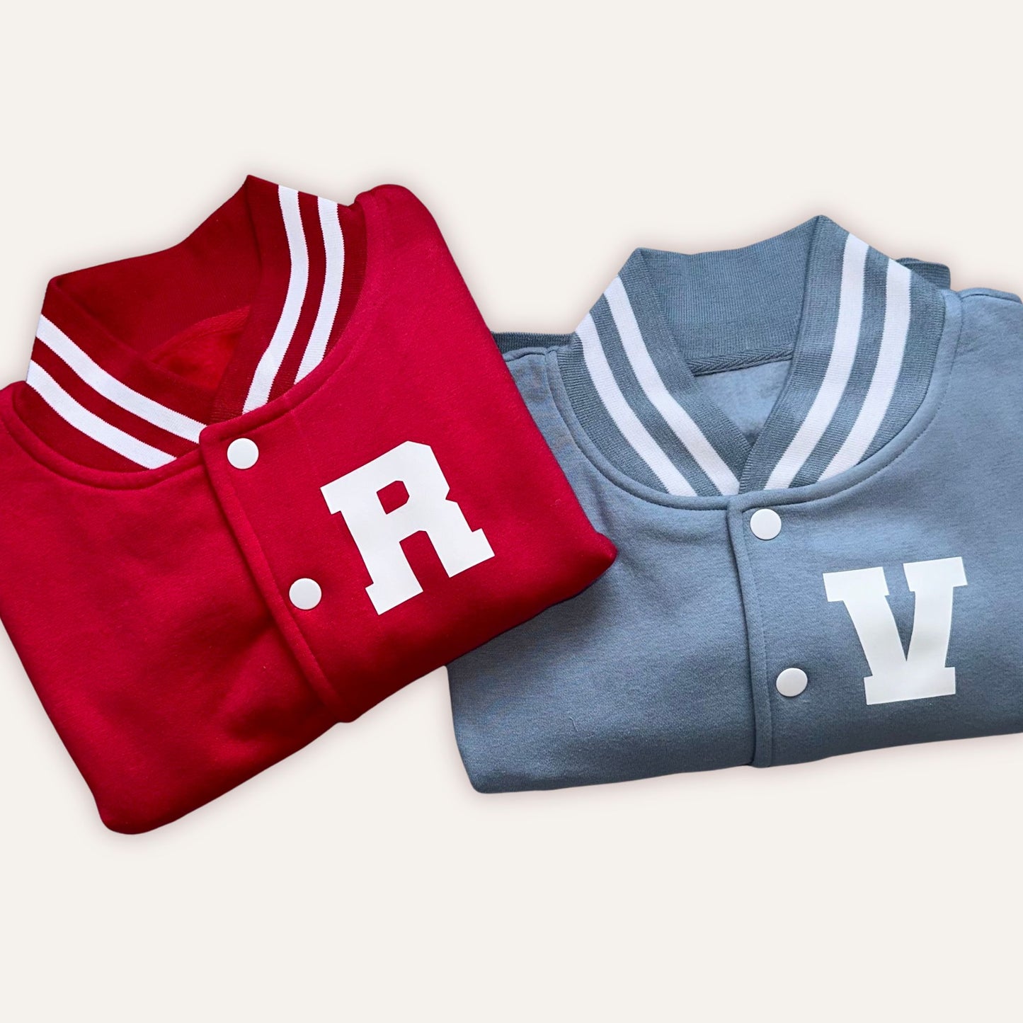 Matching sibling varsity jackets with initials