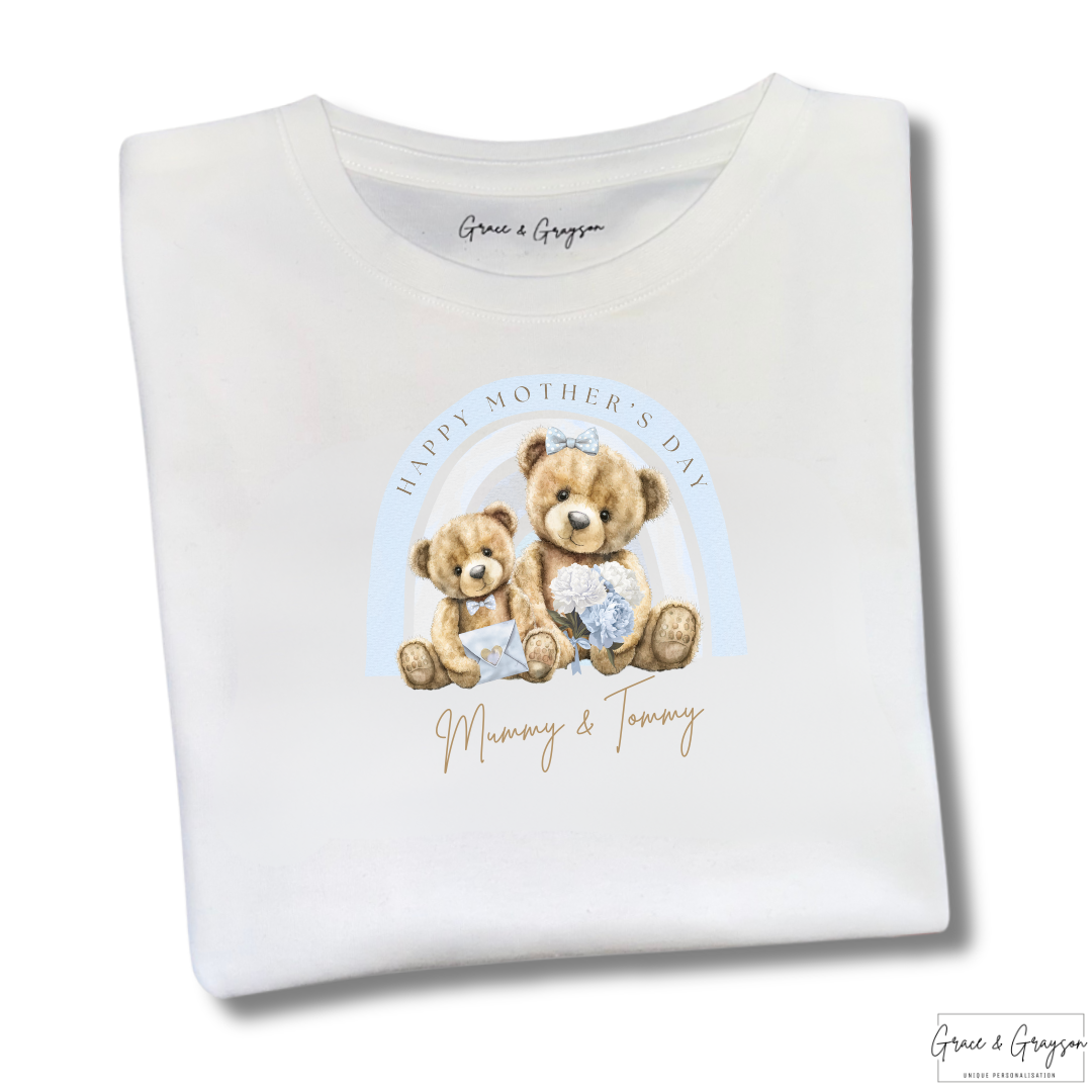 Personalised Happy Mother's Day Blue Rainbow Bear T-Shirt