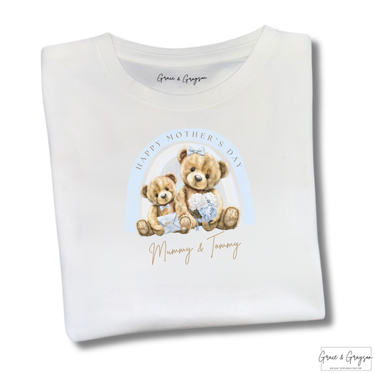 Personalised Happy Mother's Day Blue Rainbow Bear T-Shirt