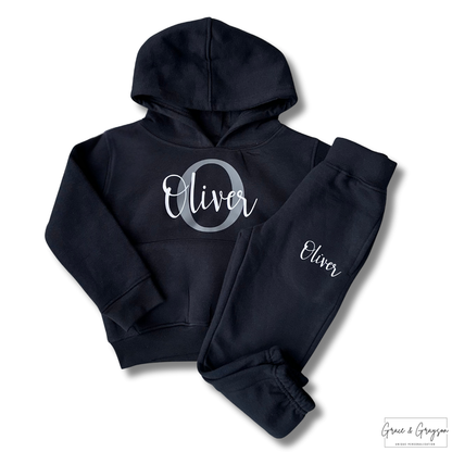 Personalised Black Name & Initial Hoodie Tracksuit 