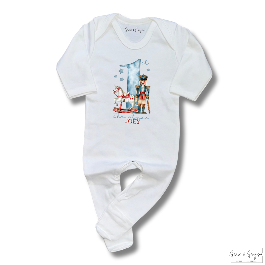Personalised 1st Christmas Blue & Red Nutcracker Baby Grow
