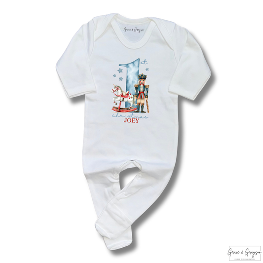 Personalised 1st Christmas Blue & Red Nutcracker Baby Grow