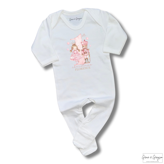 Personalised 1st Christmas Pink Nutcracker White Baby Grow