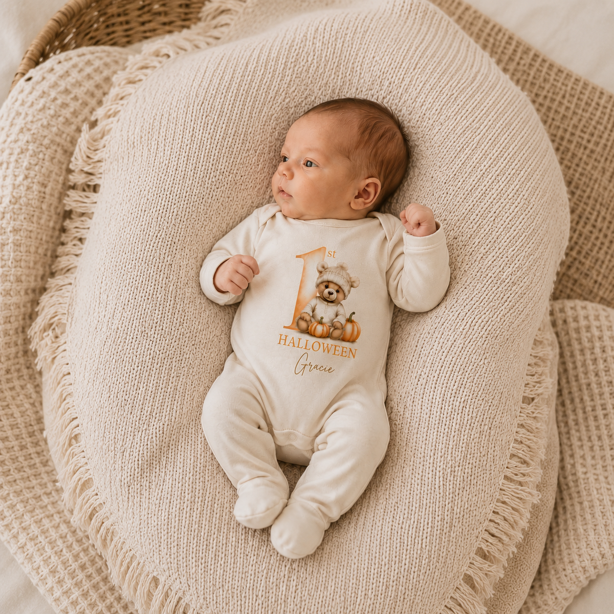 Personalised 1st Halloween pumpkin bear baby grow for newborns and babies, Grace & Grayson