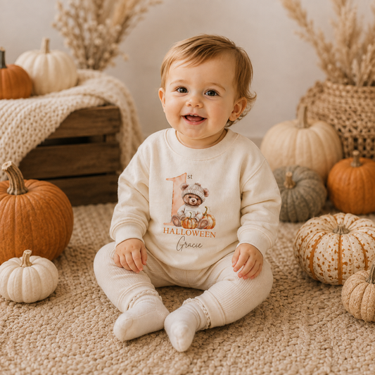 Personalised 1st Halloween pumpkin bear sweatshirt for babies and toddlers, Grace & Grayson