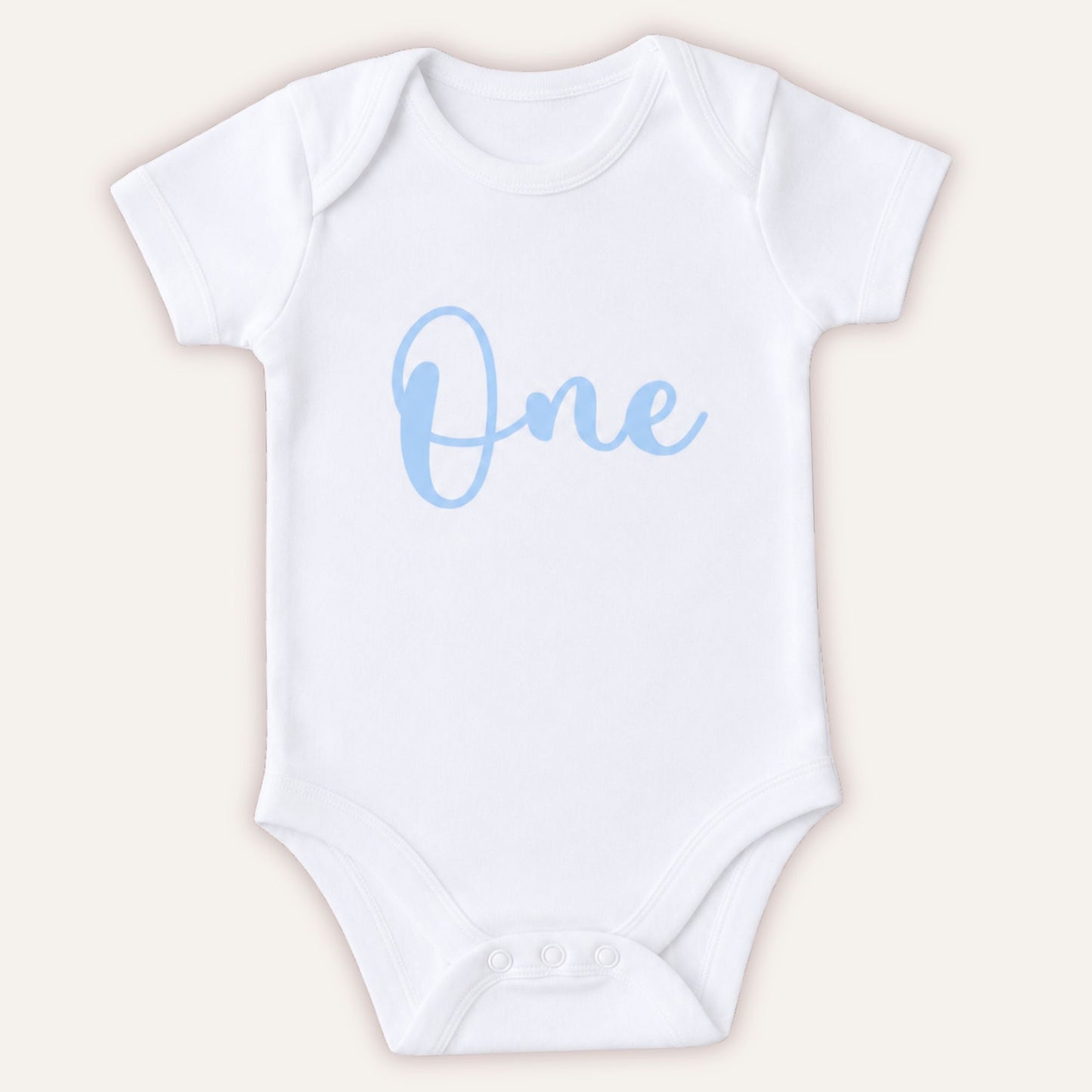 Personalised 1st birthday baby vest with blue One design on white bodysuit - Grace & Grayson
