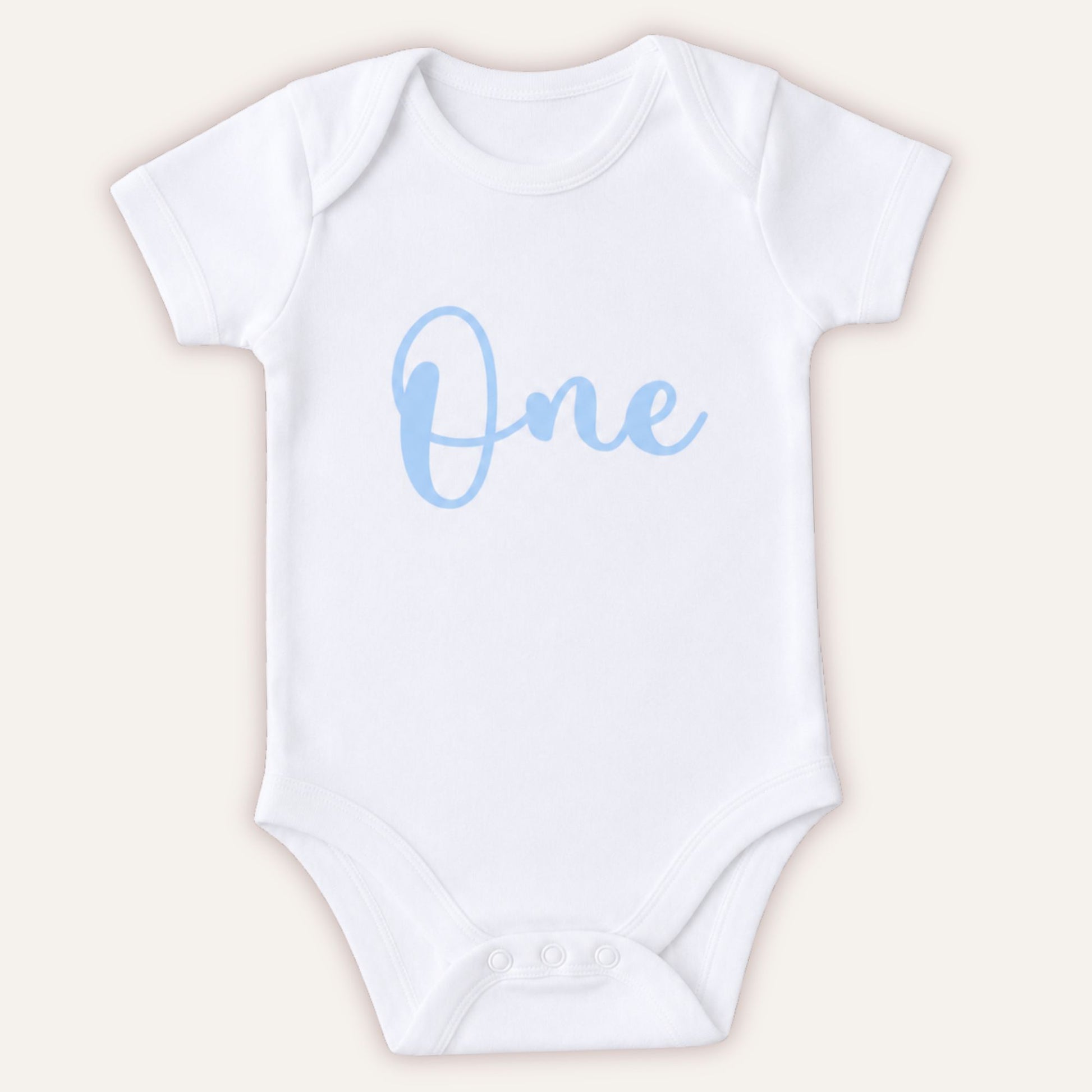 Personalised 1st birthday baby vest with blue One design on white bodysuit - Grace & Grayson