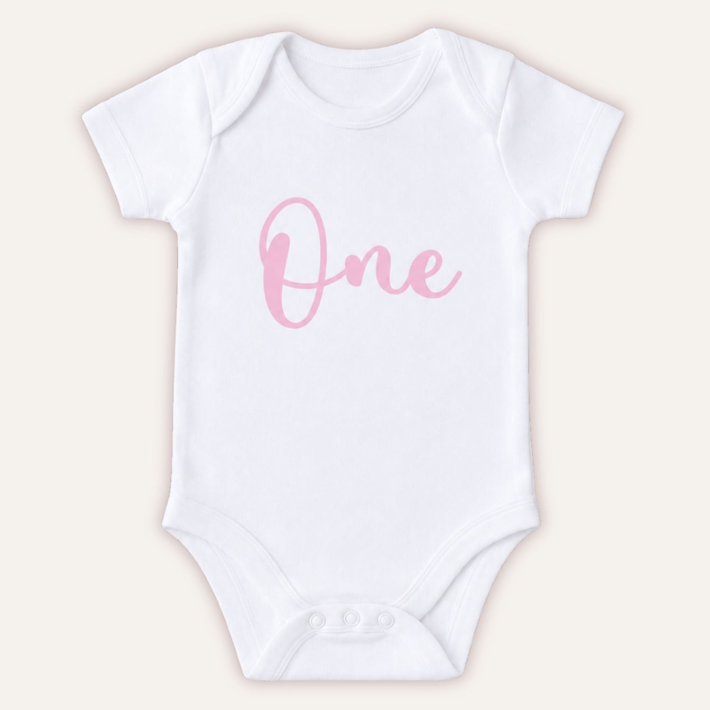 Personalised 1st birthday baby vest with pink One design on white bodysuit - Grace & Grayson