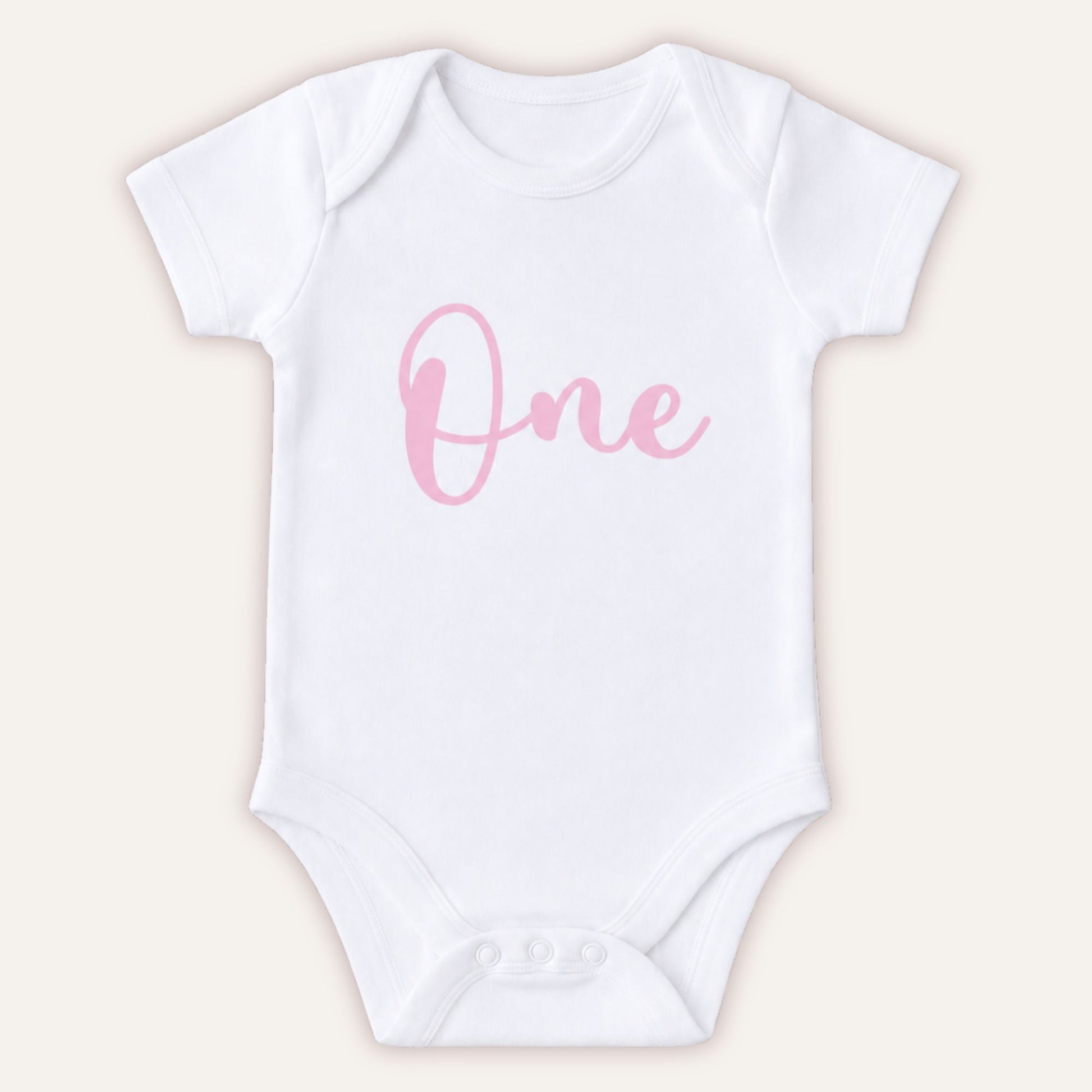 Personalised 1st birthday baby vest with pink One design on white bodysuit - Grace & Grayson