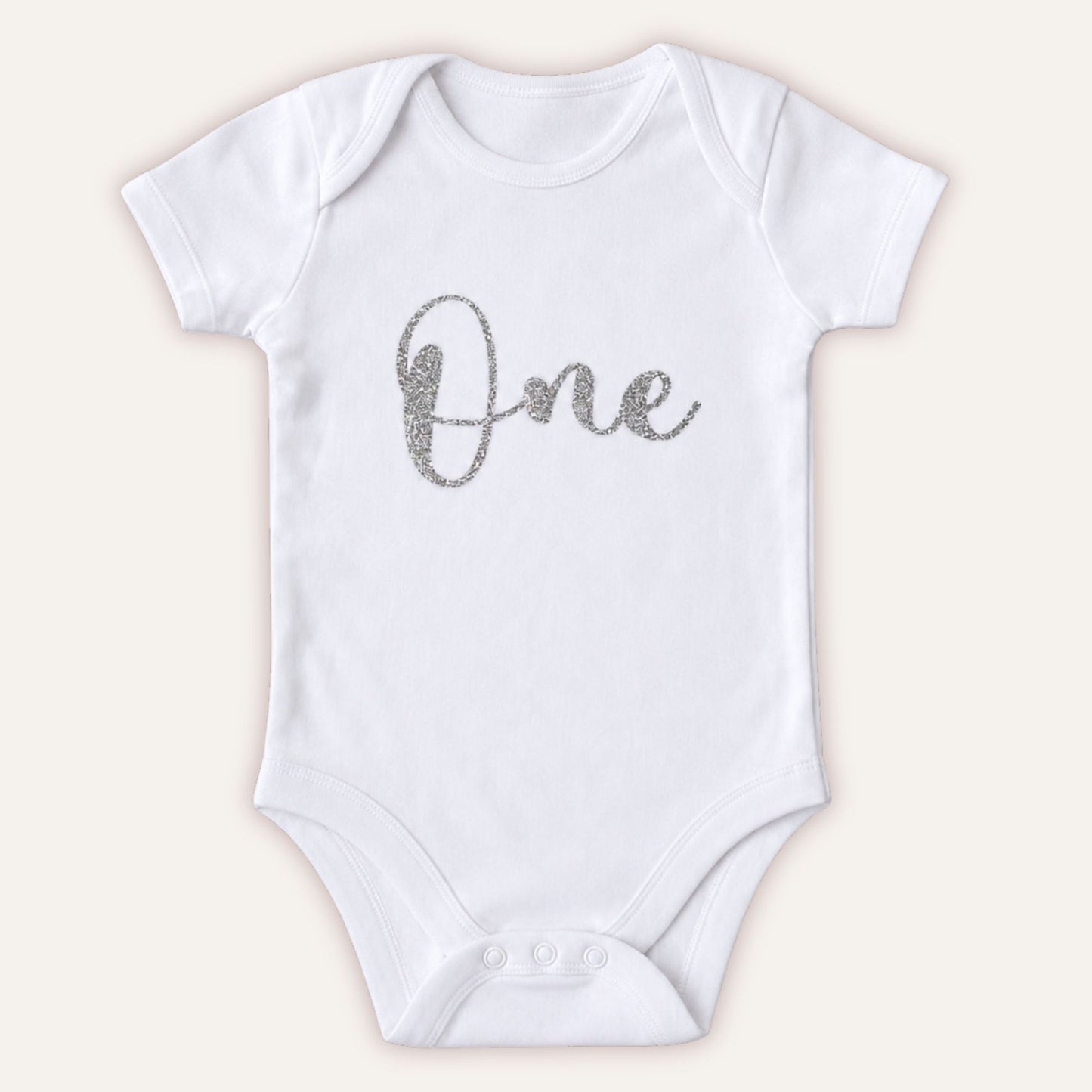 Personalised 1st birthday baby vest with silver glitter One design on white bodysuit - Grace & Grayson