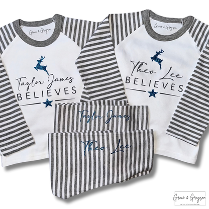Personalised Believes Grey Stripe Christmas Pyjamas