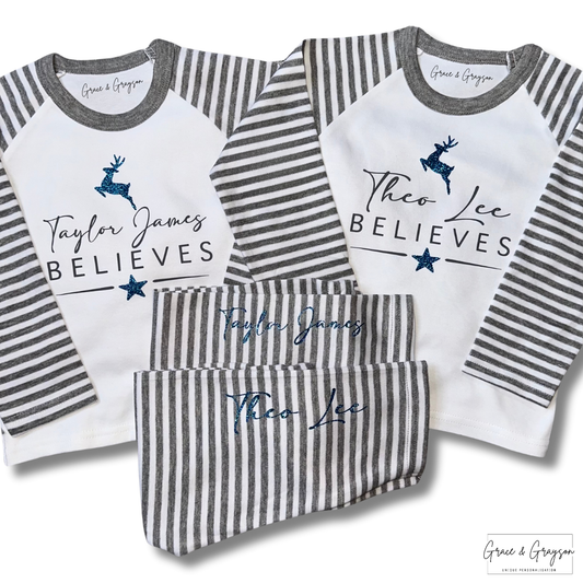 Personalised Believes Grey Stripe Christmas Pyjamas