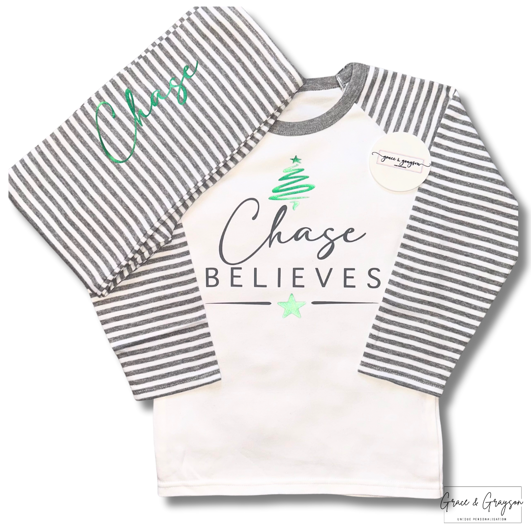Personalised Believes Grey Stripe Christmas Pyjamas