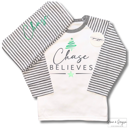 Personalised Believes Grey Stripe Christmas Pyjamas