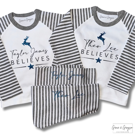 Personalised Believes Grey Stripe Christmas Pyjamas
