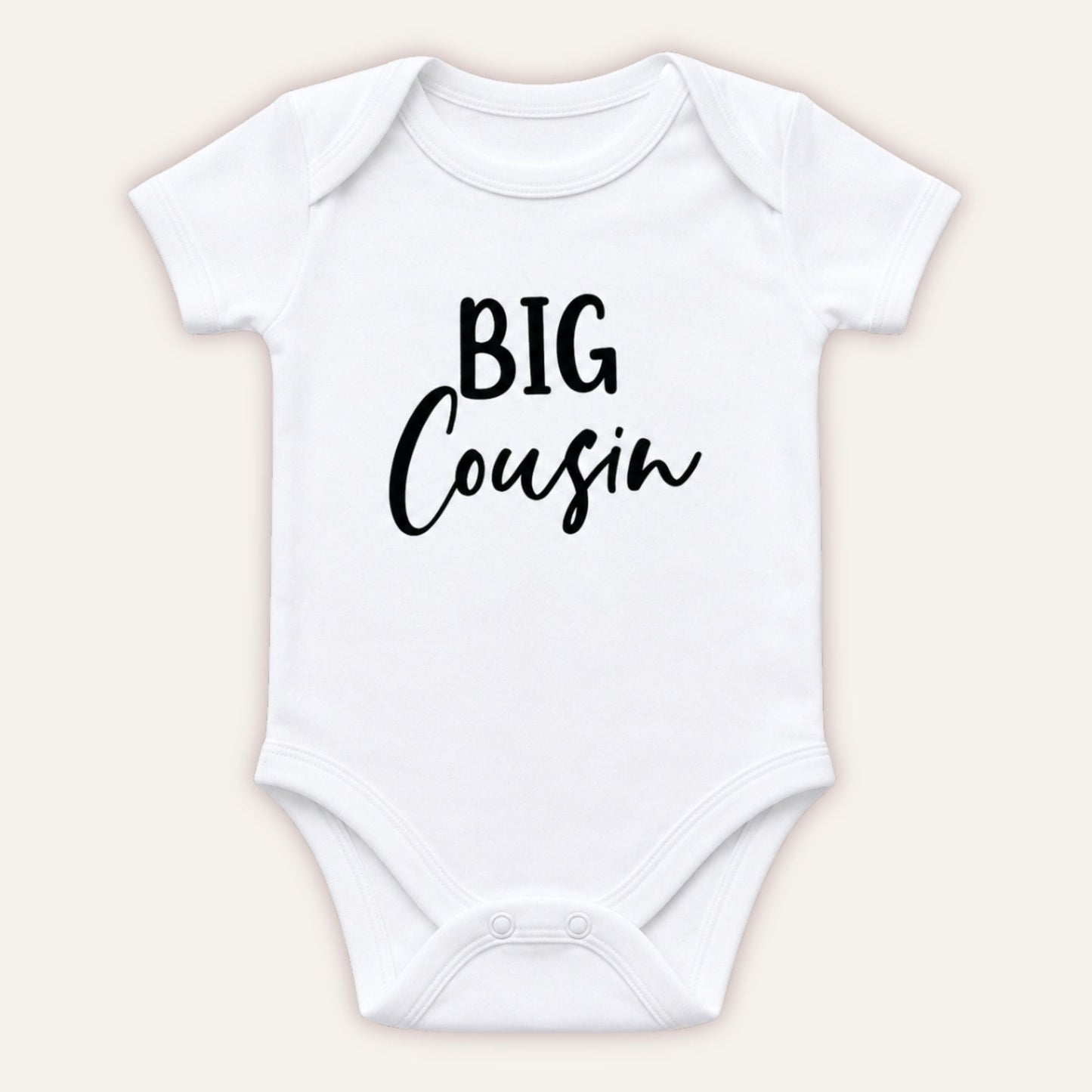 Personalised Big Cousin baby vest with black Big Cousin design on white bodysuit - Grace & Grayson