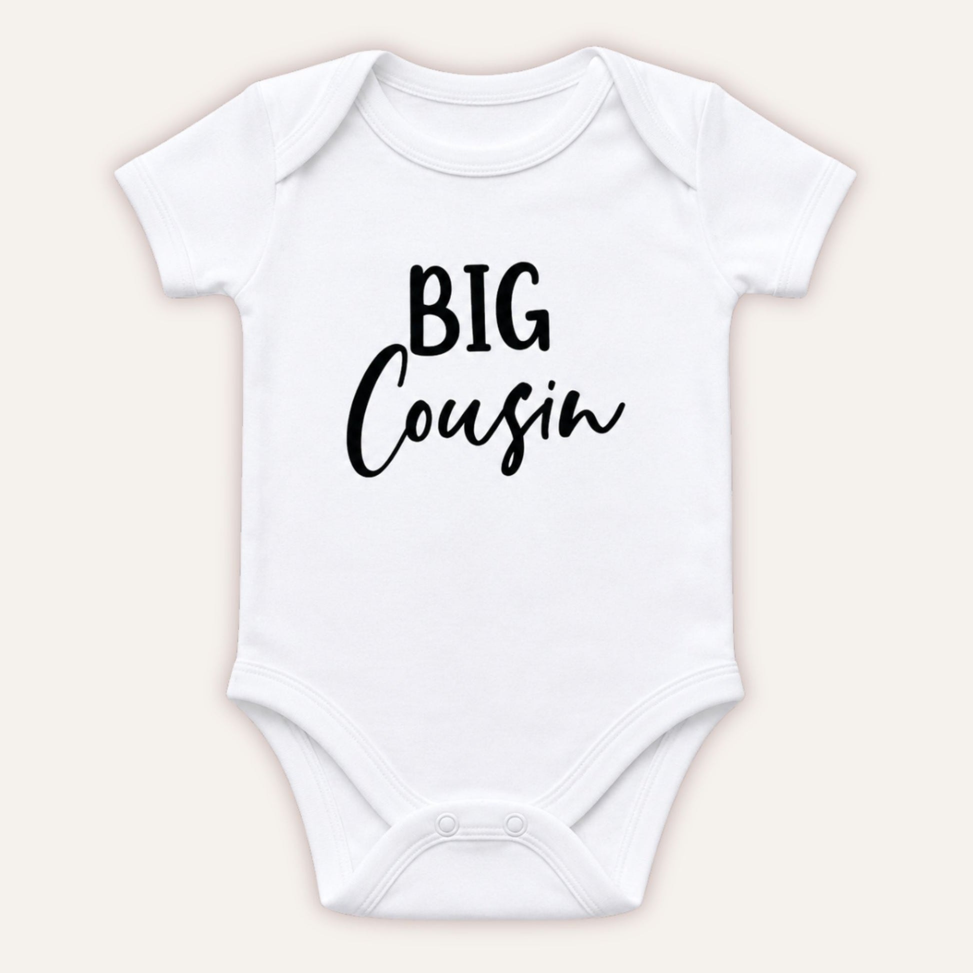 Personalised Big Cousin baby vest with black Big Cousin design on white bodysuit - Grace & Grayson
