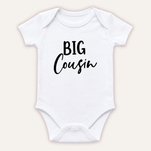 Personalised Big Cousin baby vest with black Big Cousin design on white bodysuit - Grace & Grayson