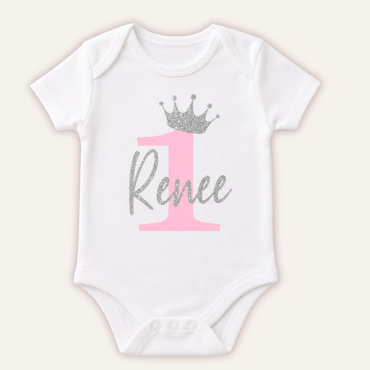 Personalised Birthday Number 1 baby vest with baby pink pearl number, silver glitter crown and custom name on white bodysuit - Grace & Grayson