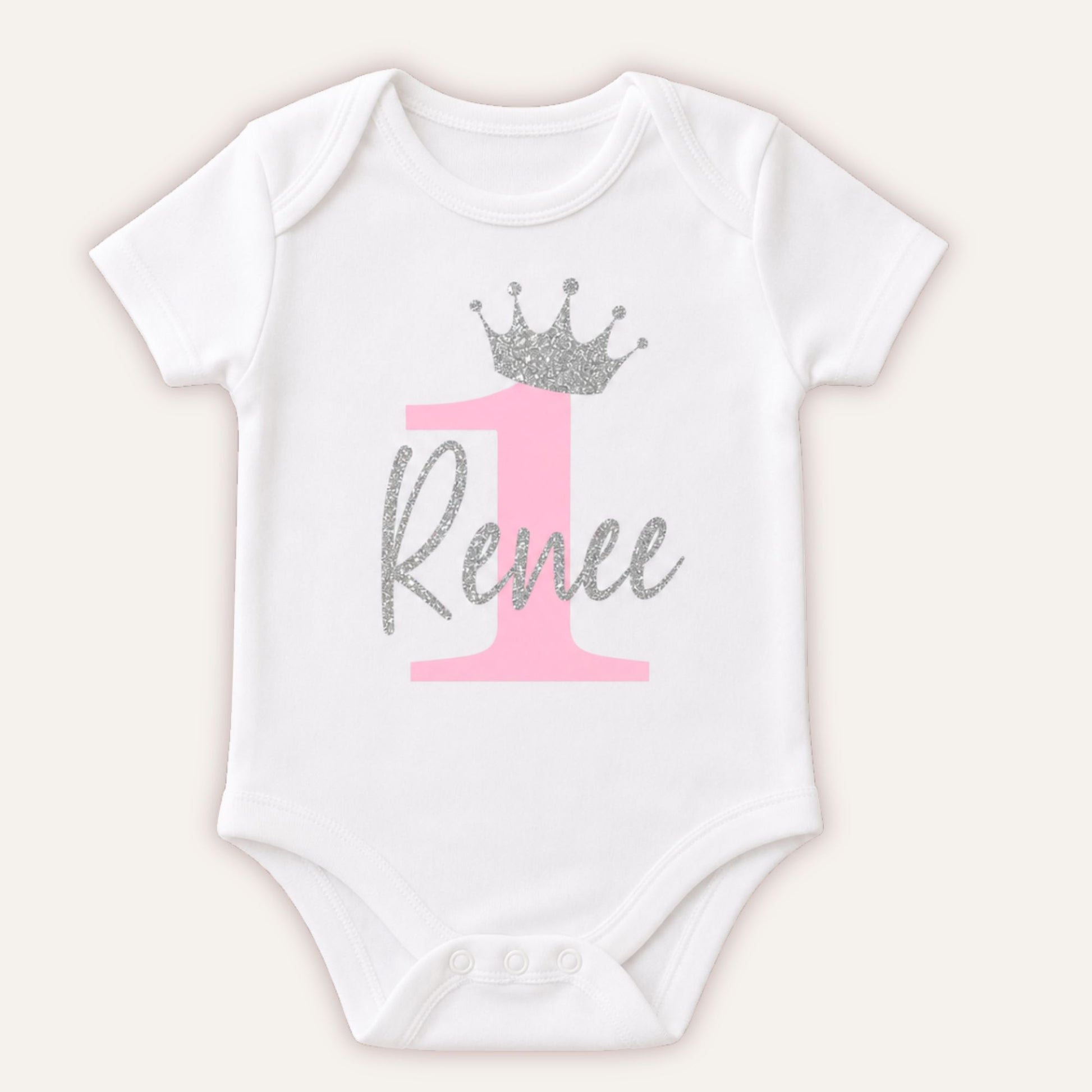 Personalised Birthday Number 1 baby vest with baby pink pearl number, silver glitter crown and custom name on white bodysuit - Grace & Grayson