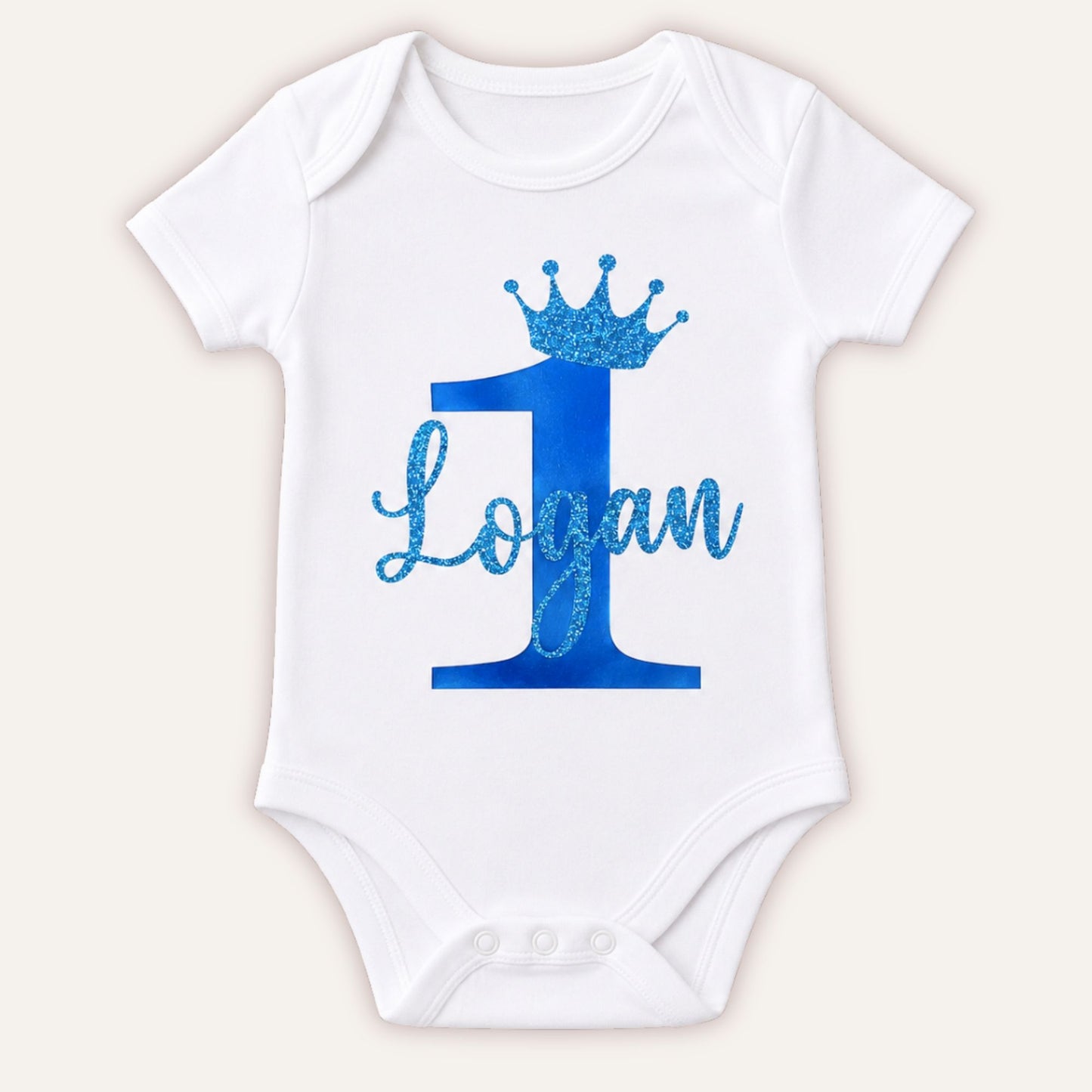 Personalised Birthday Number 1 baby vest with blue pearl number and blue glitter crown design on white bodysuit - Grace & Grayson