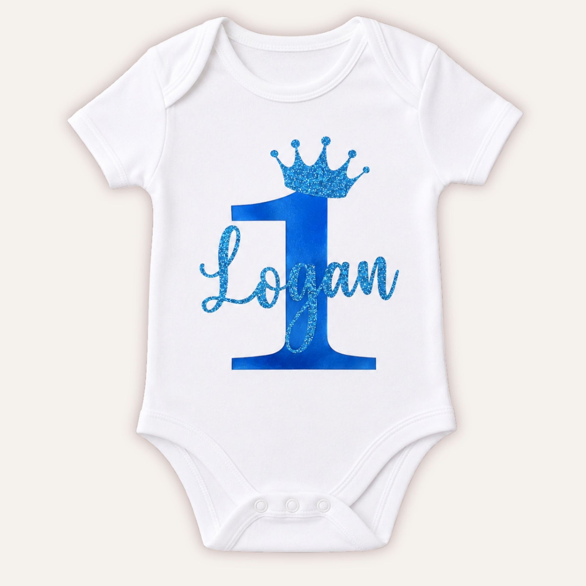 Personalised Birthday Number 1 baby vest with blue pearl number and blue glitter crown design on white bodysuit - Grace & Grayson