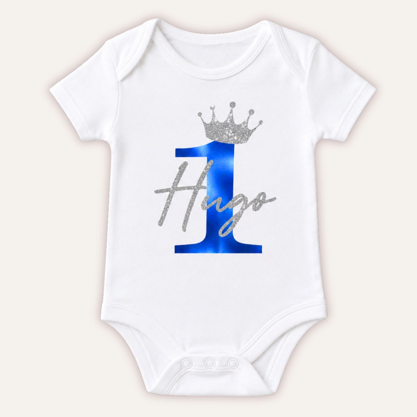 Personalised Birthday Number 1 baby vest with blue pearl number and silver glitter crown design on white bodysuit - Grace & Grayson
