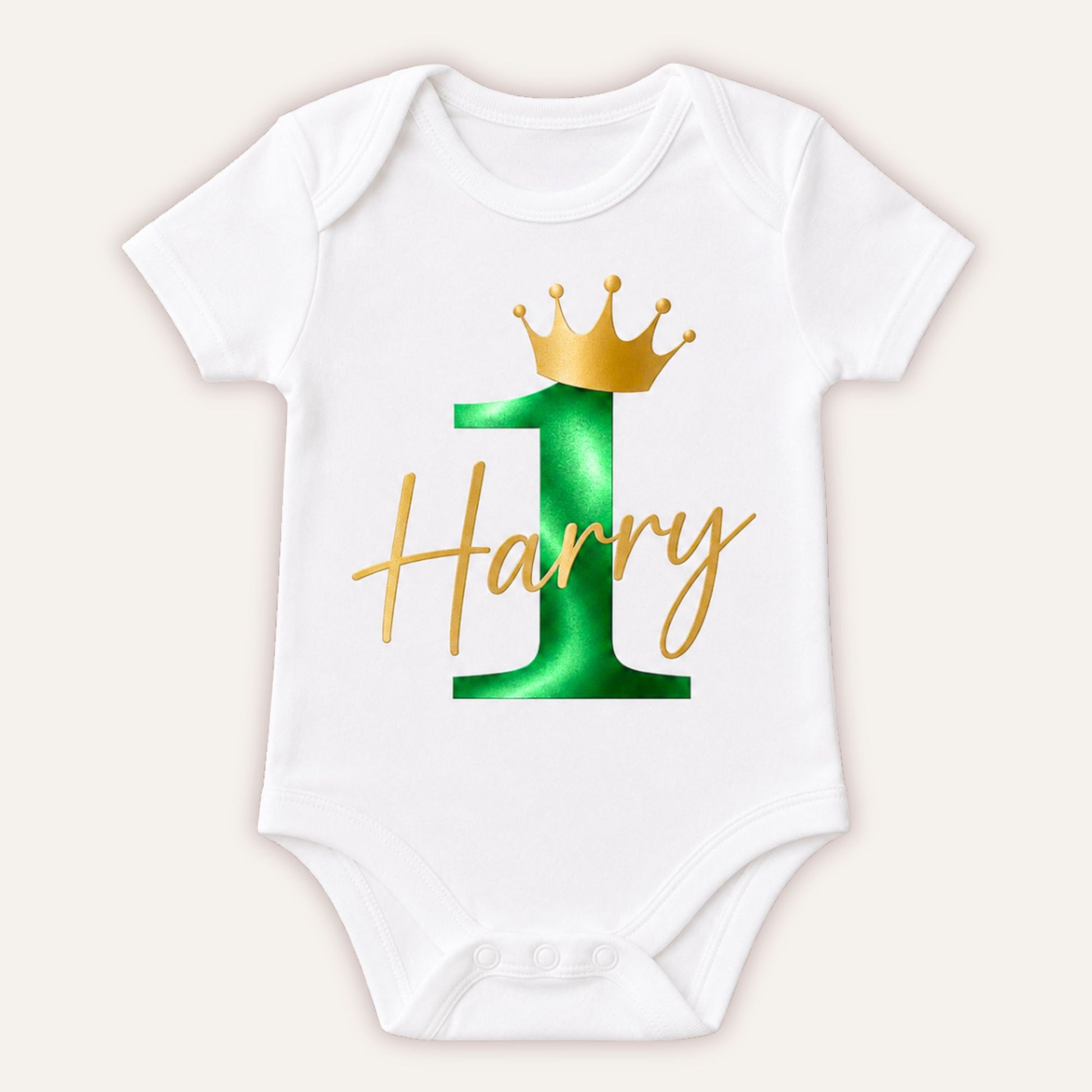Personalised Birthday Number 1 baby vest with green pearl number and gold crown design on white bodysuit - Grace & Grayson