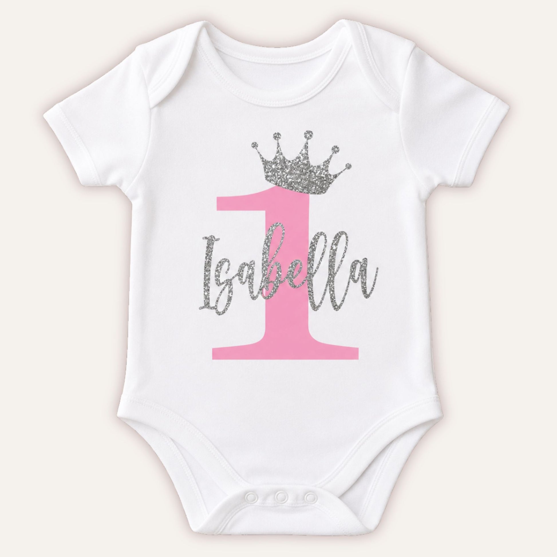 Personalised Birthday Number 1 baby vest with pink number and silver glitter crown and name design on white bodysuit - Grace & Grayson