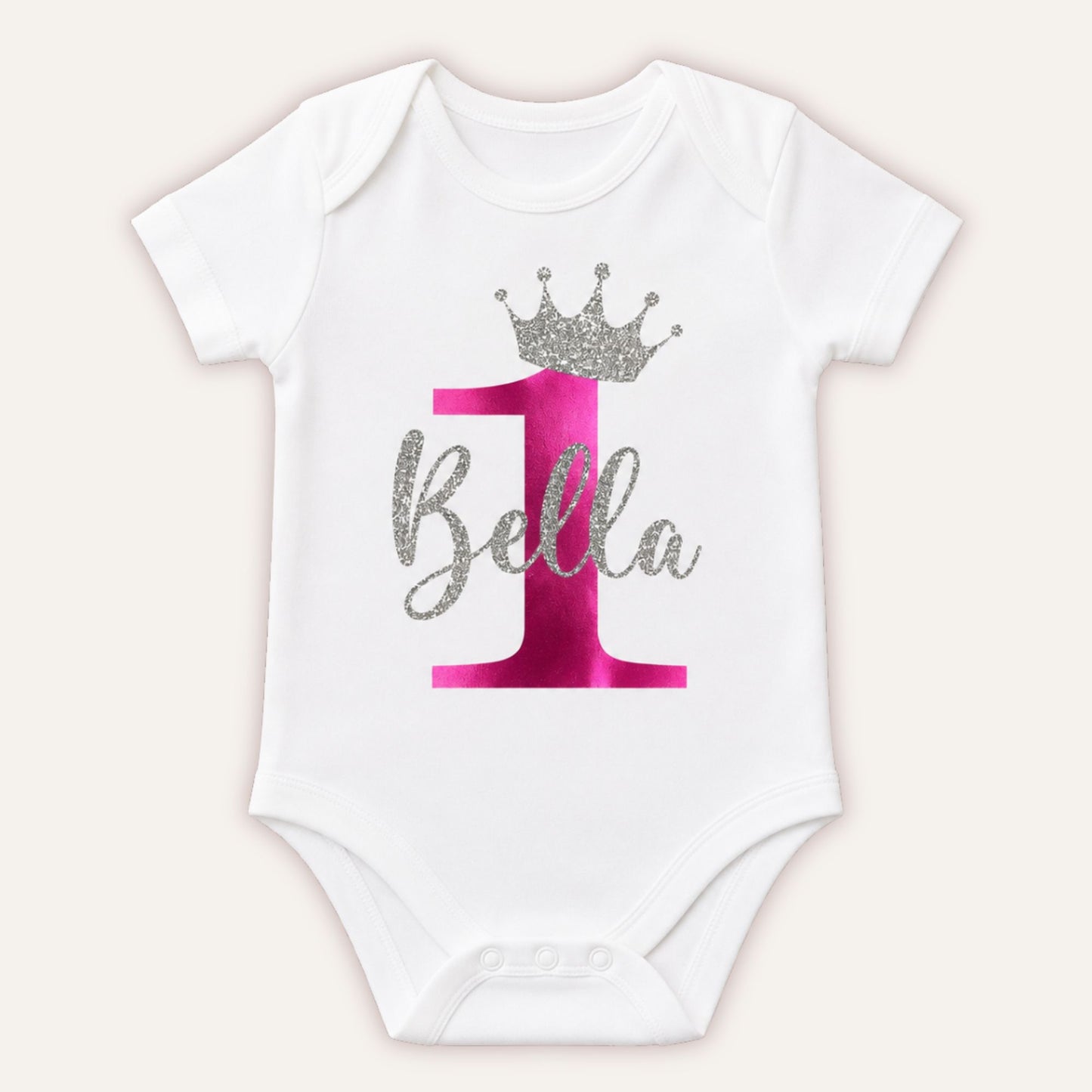Personalised Birthday Number 1 baby vest with pink pearl number and silver glitter crown design on white bodysuit - Grace & Grayson
