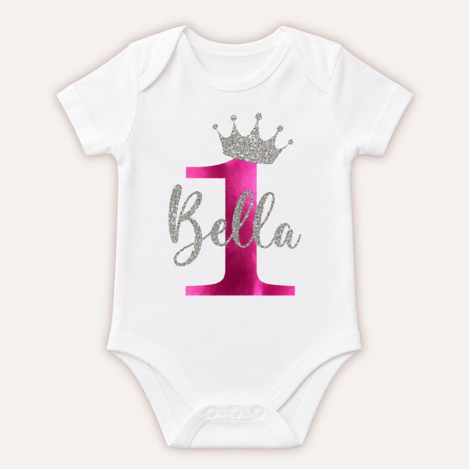 Personalised Birthday Number 1 baby vest with pink pearl number and silver glitter crown design on white bodysuit - Grace & Grayson
