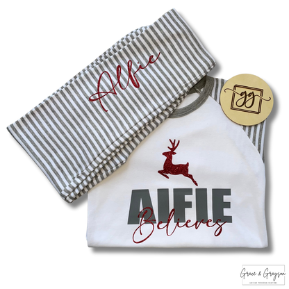 Personalised Bold Name Believes Grey Stripe Christmas Pyjamas
