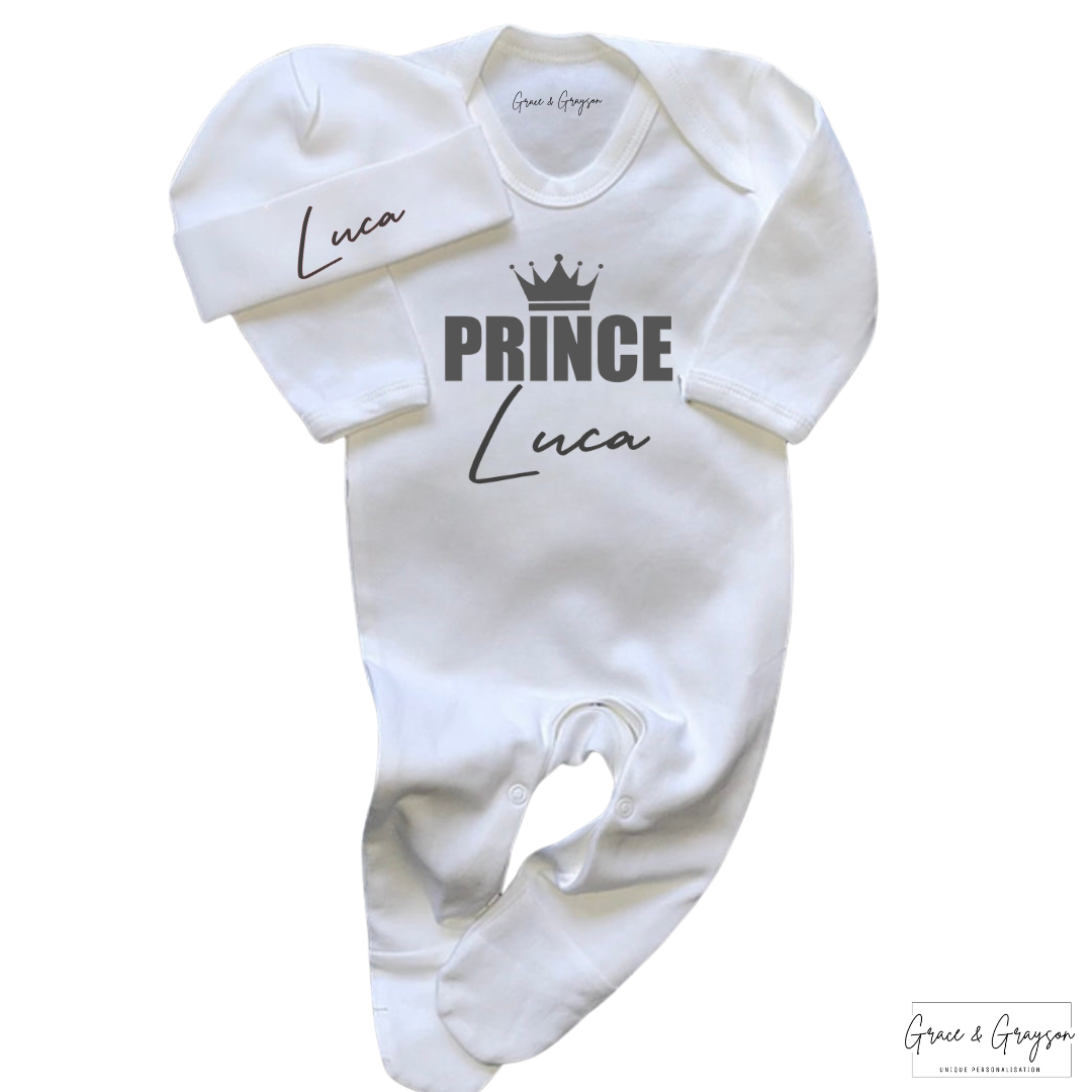Personalised Boys Prince White Baby Grow Set