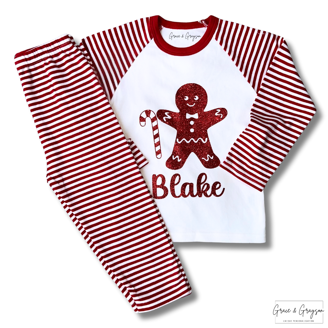 Family Matching Candy Cane Gingerbread man Red Stripe Christmas Pyjamas