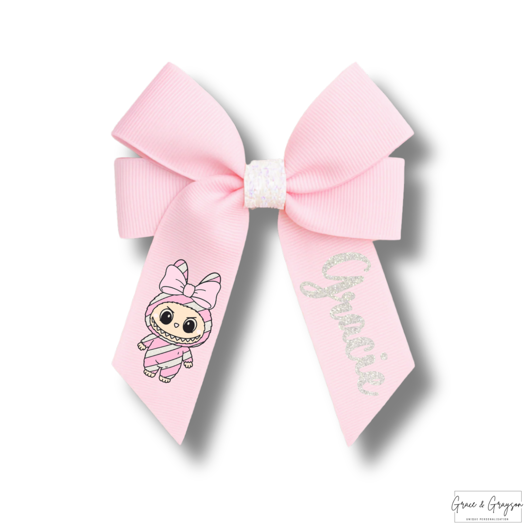 Personalised Christmas Candy Cane Labubu Pink Hair Bow
