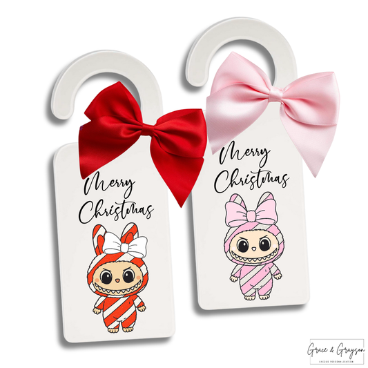 Personalised Christmas Candy Cane Labubu White Door Hanger Sign