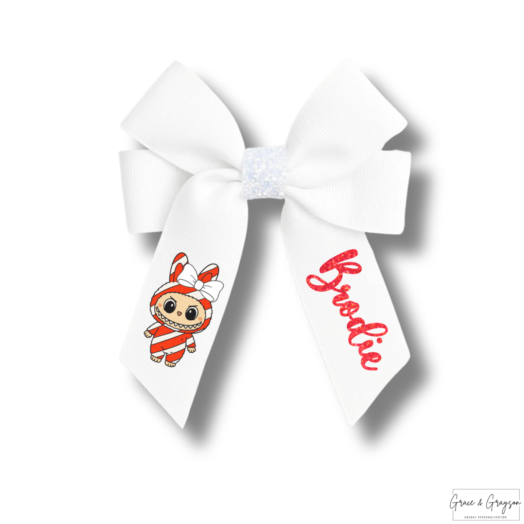 Personalised Christmas Candy Cane Labubu White Hair Bow