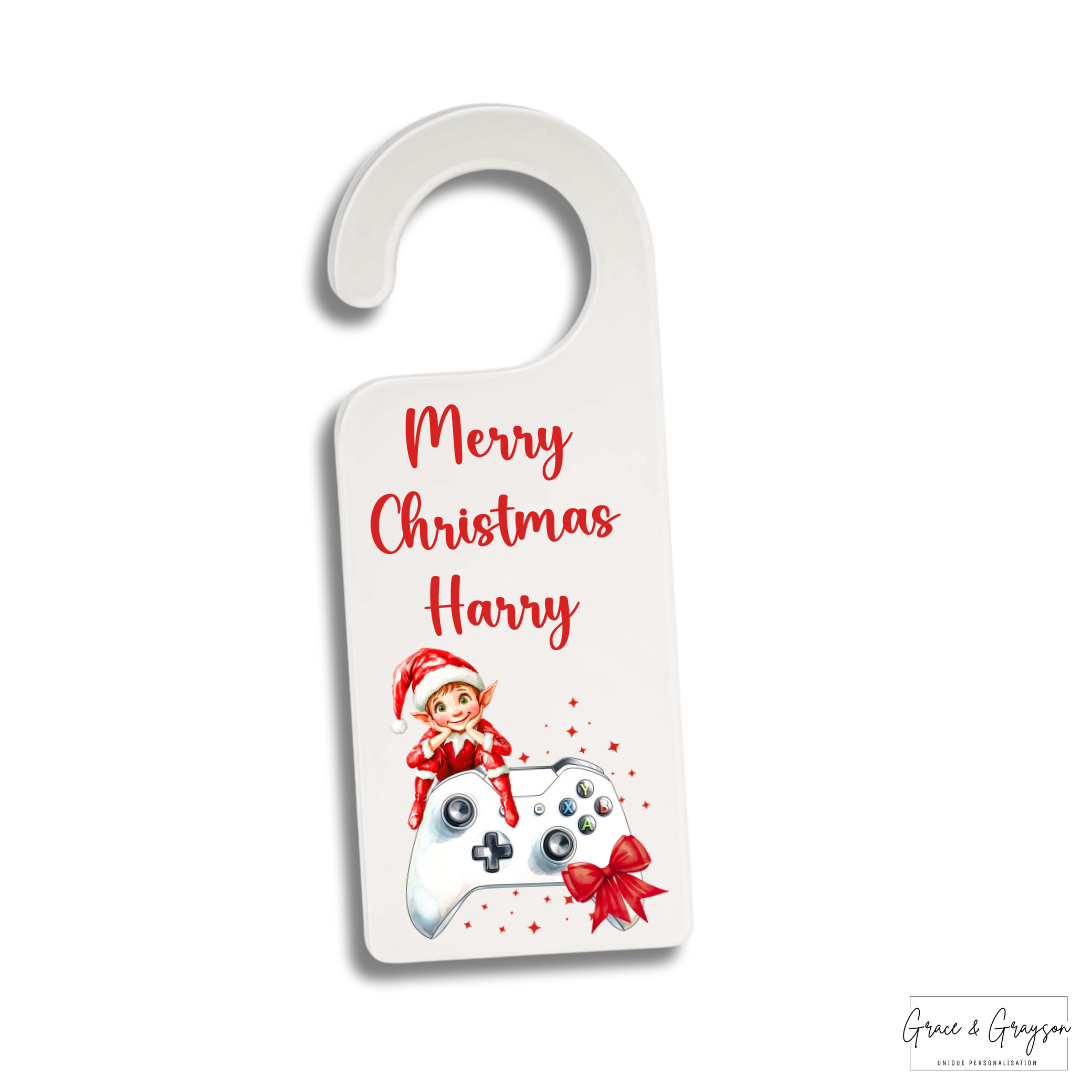 Personalised Christmas Elf Gamer White Door Hanger Sign