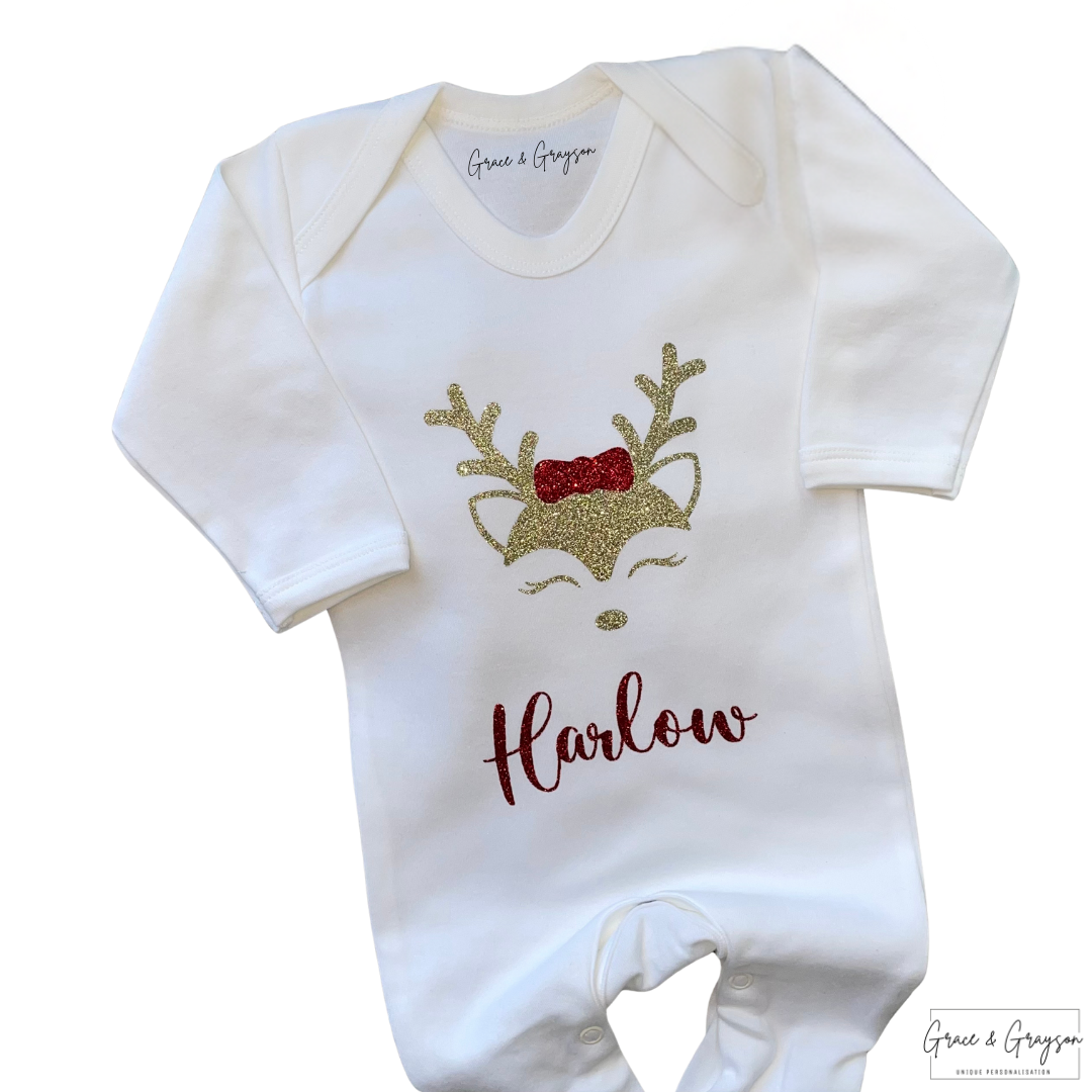 Personalised Christmas Reindeer Baby grow 