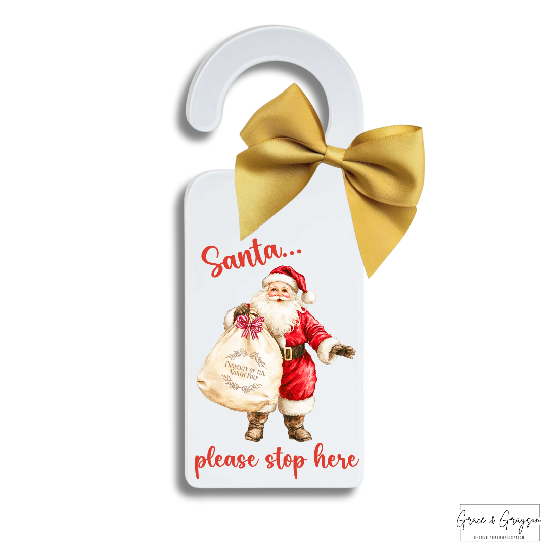 Personalised Christmas Santa Please Stop Here White Door Hanger Sign Gold Bow