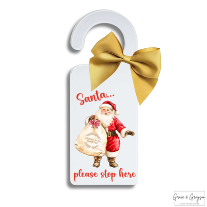 Personalised Christmas Santa Please Stop Here White Door Hanger Sign Gold Bow