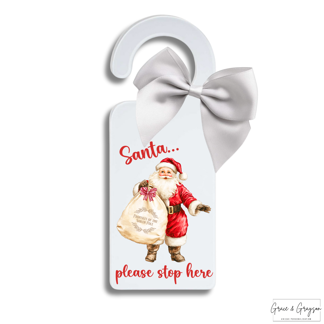 Personalised Christmas Santa Please Stop Here White Door Hanger Sign Silver Bow