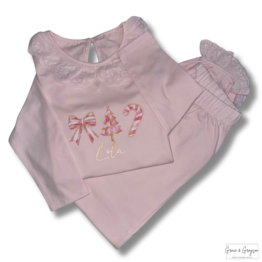 Personalised Christmas Stripe Trio  Frill Pyjamas