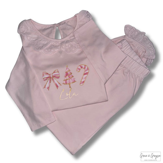 Personalised Christmas Stripe Trio  Frill Pyjamas