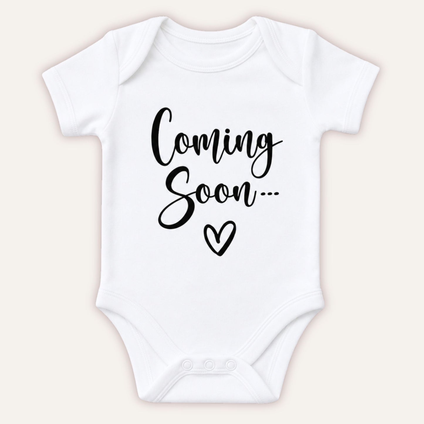 Personalised Coming Soon baby announcement vest with black Coming Soon script and heart design on white bodysuit - Grace & Grayson