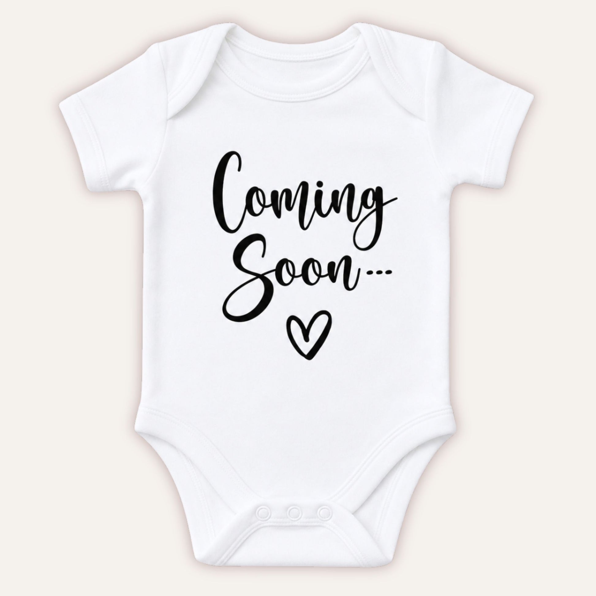 Personalised Coming Soon baby announcement vest with black Coming Soon script and heart design on white bodysuit - Grace & Grayson
