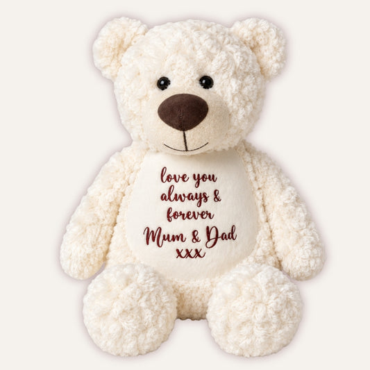 "Personalised Create Your Own Teddy Bear - cream bear with custom love you always message by Grace & Grayson